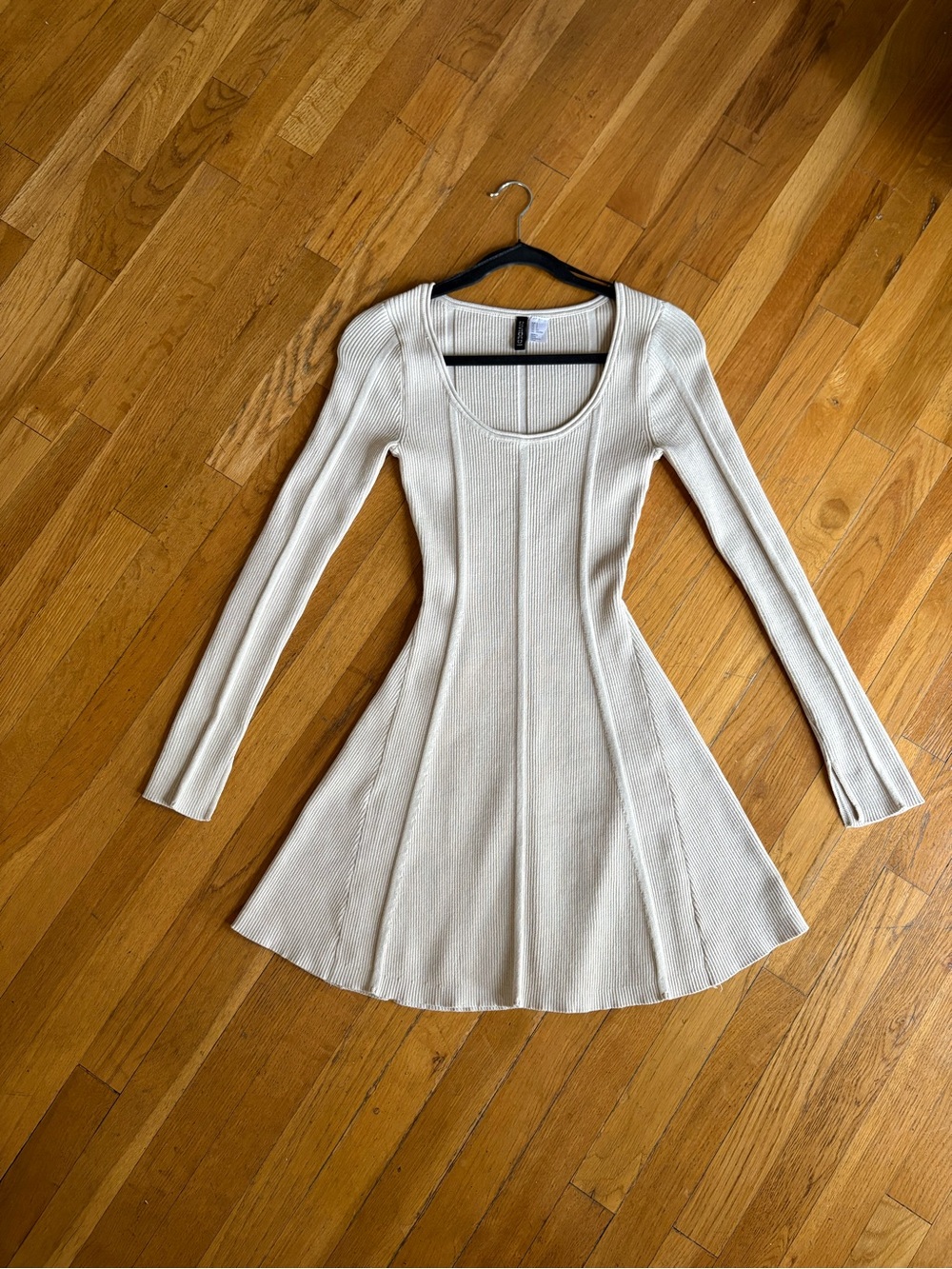 H&M Cream Long-Sleeve Knit Fit-and-Flare Dress